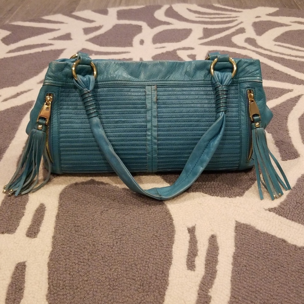 Turquoise Leather & Leopard tassel purse